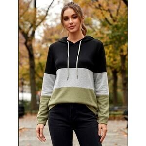 SHEIN Black Heather Gray Green Colorblock Striped Sweater Hoodie Medium
